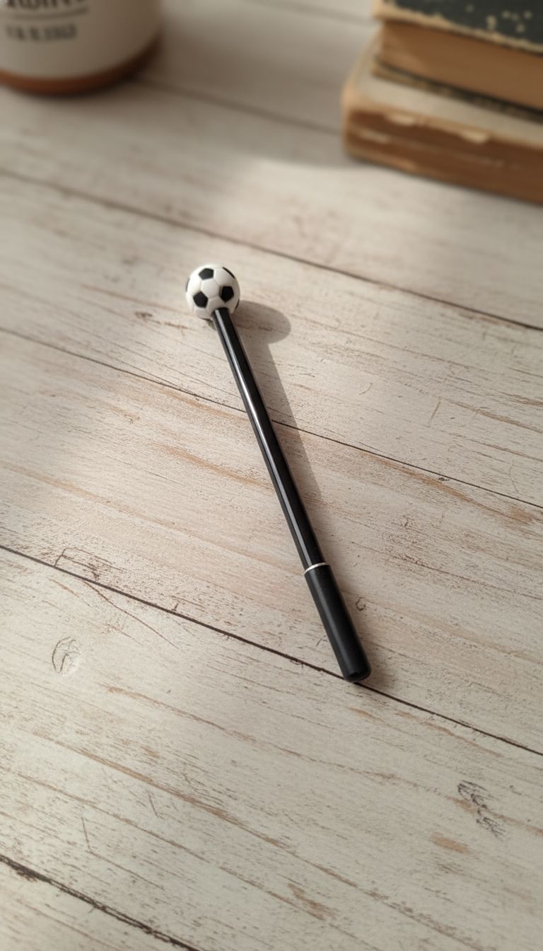 Caneta preta com topo em formato de bola de futebol em miniatura, perfeita para os amantes do esporte!
