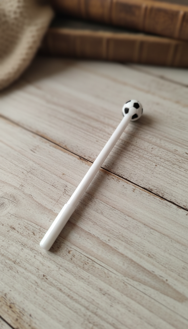 Caneta branca fina com um enfeite de bola de futebol em miniatura no topo, perfeita para fãs de esportes.